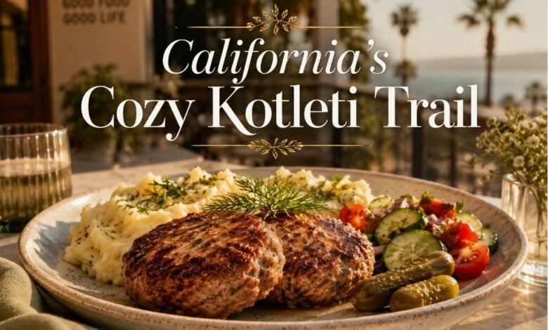 Russian kotleti in California with mashed potatoes, fresh salad and pickles