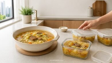 Shchi portioned into freezer containers for easy storage and reheating