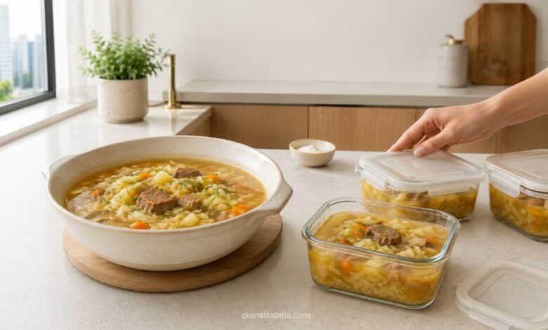 Shchi portioned into freezer containers for easy storage and reheating