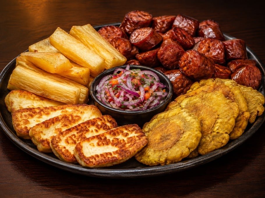 Dominican fritura sharing platter with fried longaniza tostones yuca and cheese
