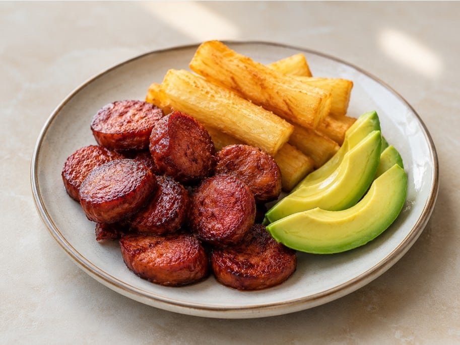 Dominican fried longaniza served with yuca and avocado