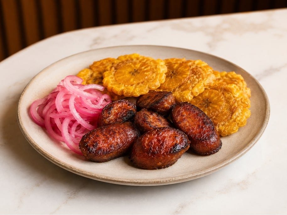 Dominican longaniza frita served with crispy tostones