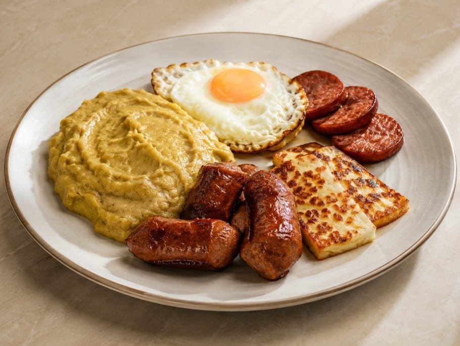 Dominican longaniza breakfast with mangu fried egg cheese and salami