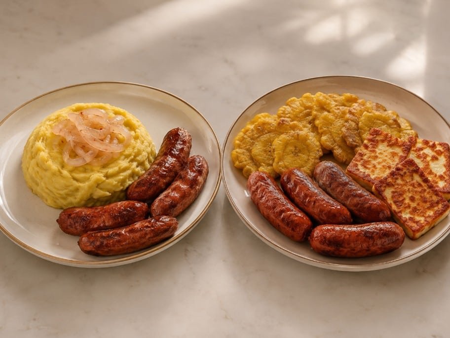Dominican longaniza served with mangu and with tostones