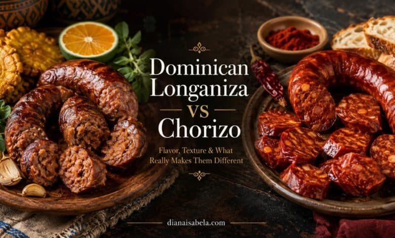 Dominican longaniza vs chorizo showing differences in color texture and seasoning