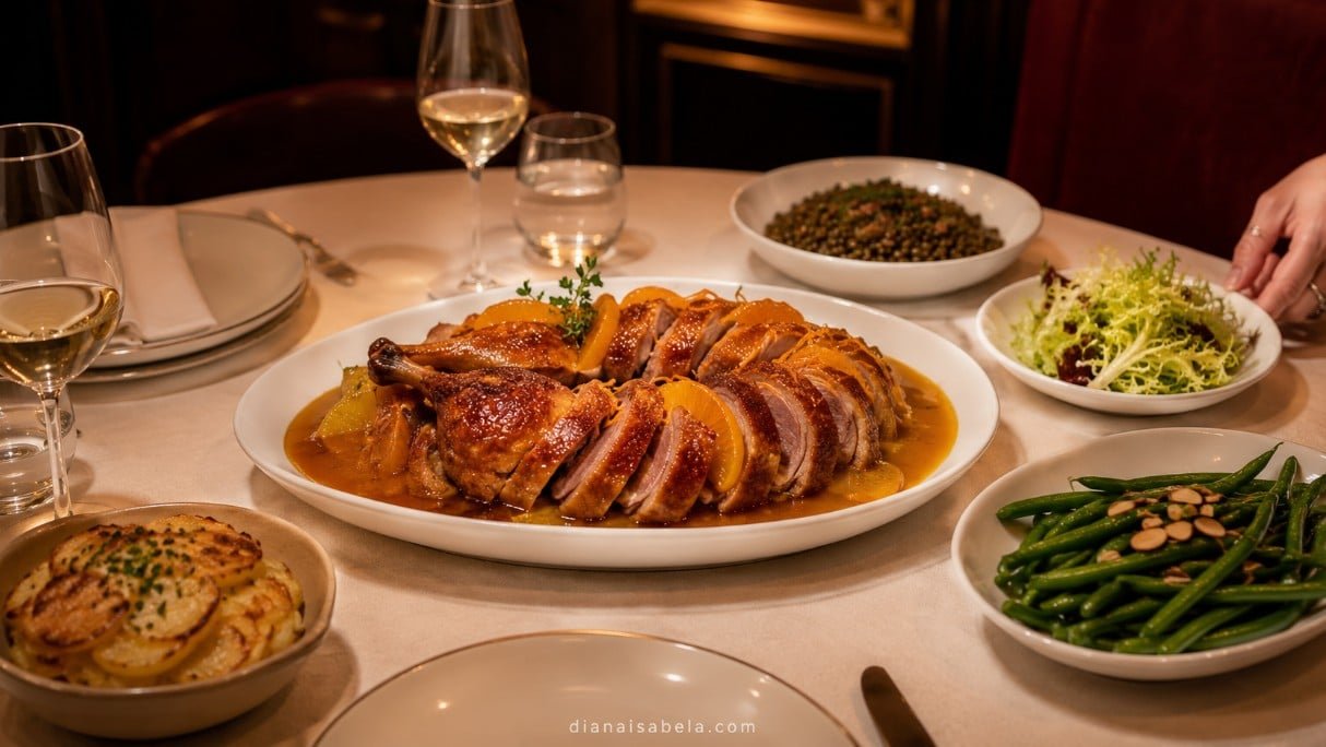 Duck à l’orange dinner with potatoes vegetables and balanced French side dishes