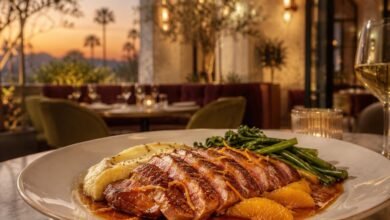 Duck à l’orange served in an elegant Los Angeles French restaurant
