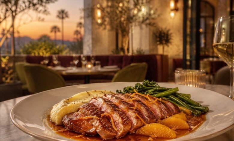 Duck à l’orange served in an elegant Los Angeles French restaurant