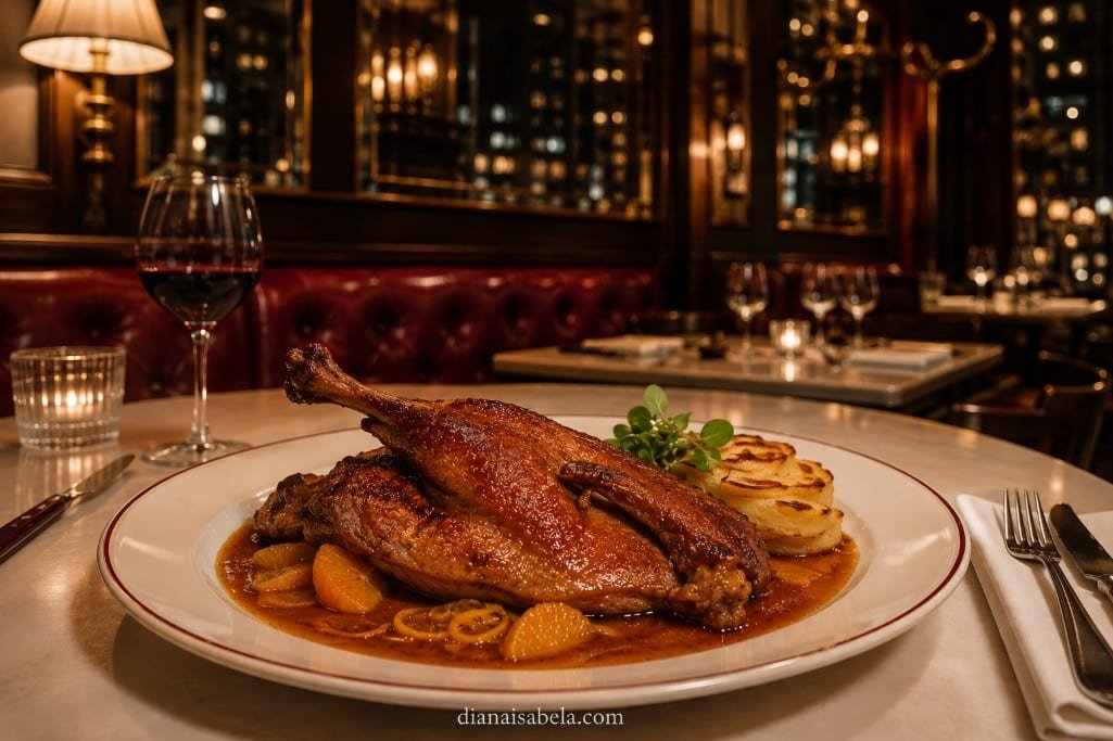 Duck à l’orange served in a sophisticated New York French brasserie