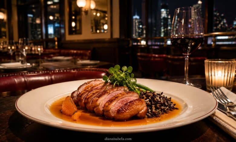 Duck à l’orange served in an elegant New York French brasserie