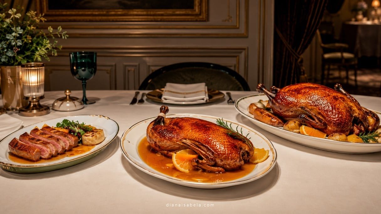 Duck à l’orange shown as duck breast half duck and whole duck restaurant presentations