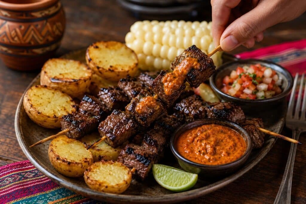 Person eating Bolivian beef heart anticuchos with potatoes and spicy peanut llajua
