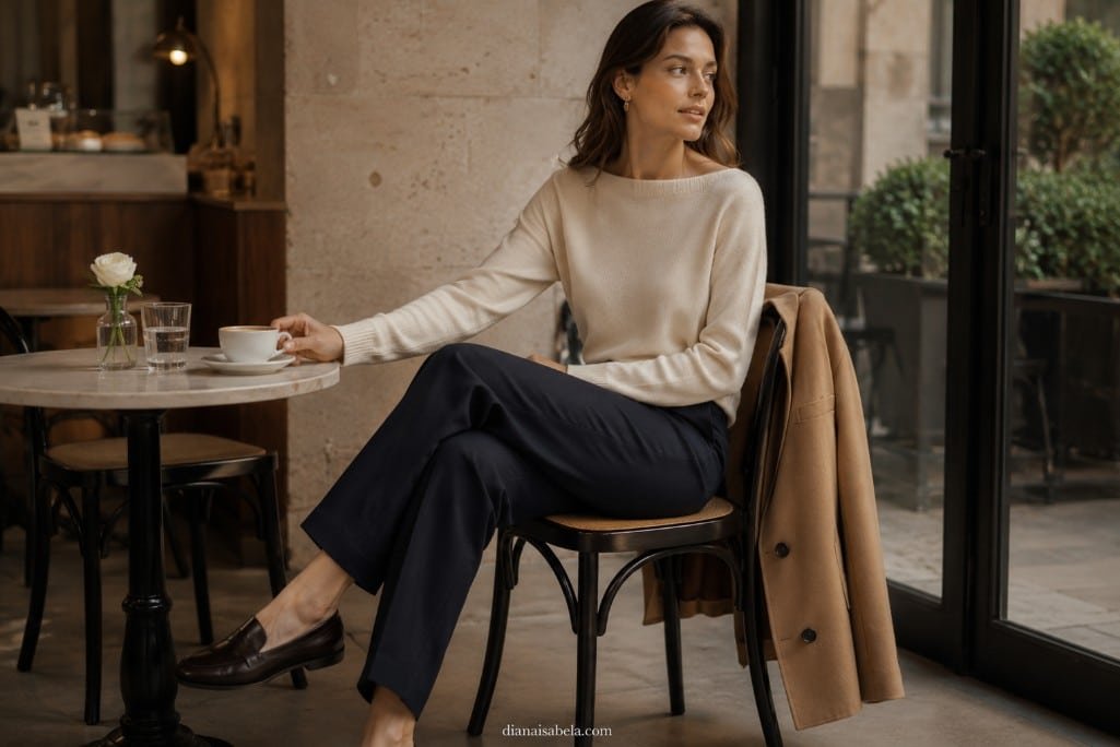 Why Fashion Trends Look Better in Motion Than in a Screenshot 2 Stylish woman seated in a café wearing navy trousers and a cream knit that fit naturally while sitting