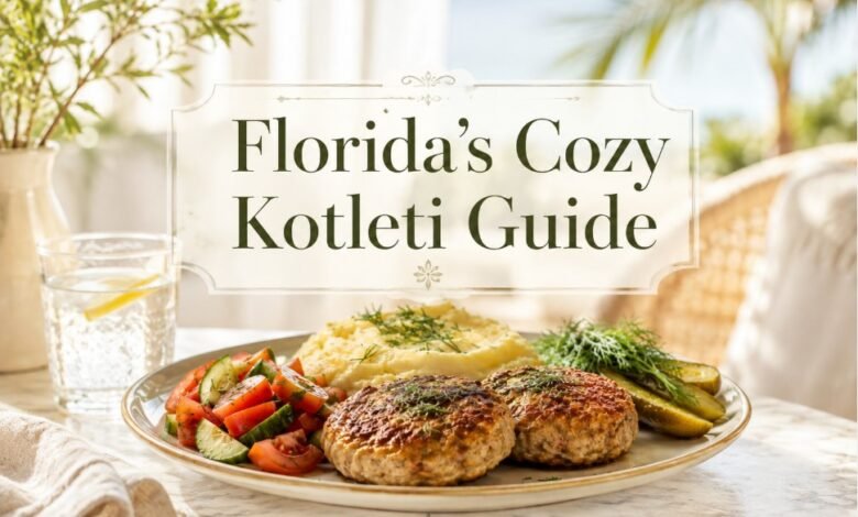 Florida kotleti guide with Russian-style meat patties, mashed potatoes, salad and pickles