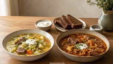 Fresh cabbage shchi and sour cabbage shchi served side by side