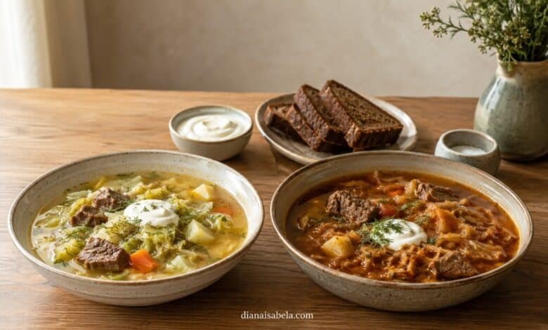 Fresh cabbage shchi and sour cabbage shchi served side by side