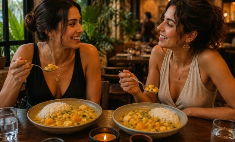 wo stylish women eating traditional Peruvian locro de zapallo with white rice at a Peruvian restaurant