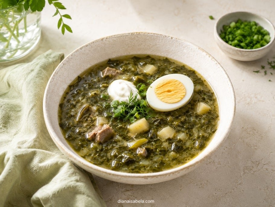 Green shchi sorrel soup with egg, sour cream and fresh herbs