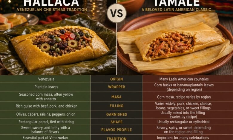 Hallaca vs tamale comparison showing Venezuelan hallaca with meat guiso, olives and raisins beside a traditional tamale
