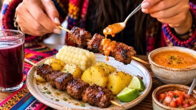 Bolivian beef heart anticuchos with grilled potatoes, peanut llajua, corn and lime served for a first-time tasting
