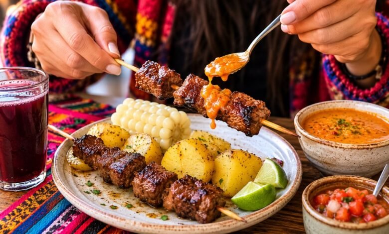 Bolivian beef heart anticuchos with grilled potatoes, peanut llajua, corn and lime served for a first-time tasting