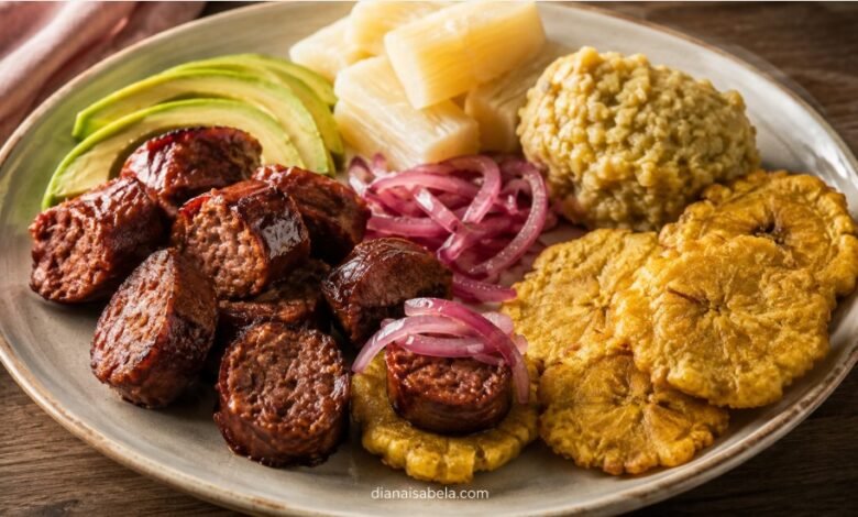 Dominican longaniza frita with tostones mangú yuca onions and avocado