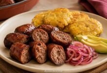 Reheated Dominican longaniza with browned casing and juicy interior
