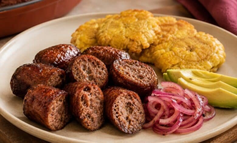 Reheated Dominican longaniza with browned casing and juicy interior
