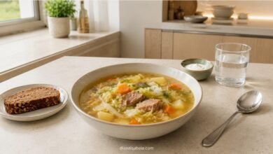 Fresh-cabbage shchi with vegetables, lean meat, dill and light golden broth