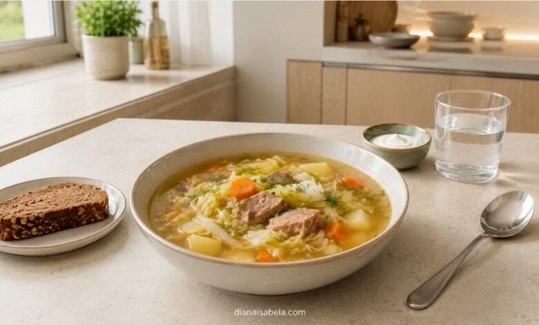 Fresh-cabbage shchi with vegetables, lean meat, dill and light golden broth