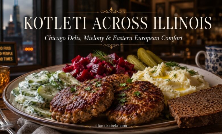 Russian-style kotleti in Illinois with mashed potatoes, beet salad, cucumber salad, pickles and rye bread