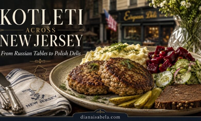 Russian kotleti in New Jersey with mashed potatoes, beet salad, cucumber salad, pickles and rye bread
