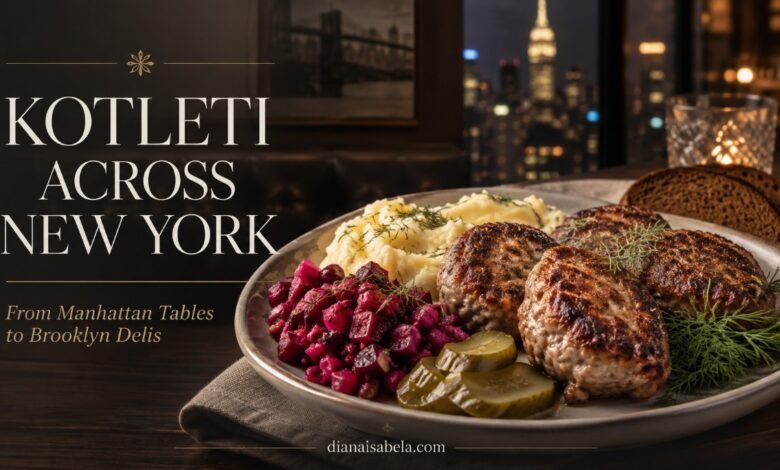 Russian kotleti in New York with mashed potatoes, beet salad, pickles and rye bread