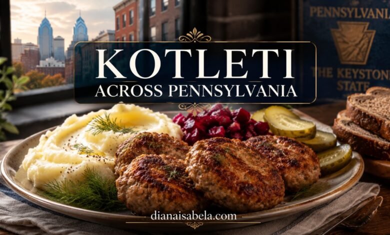 Russian-style kotleti in Pennsylvania with mashed potatoes, beet salad, pickles and rye bread