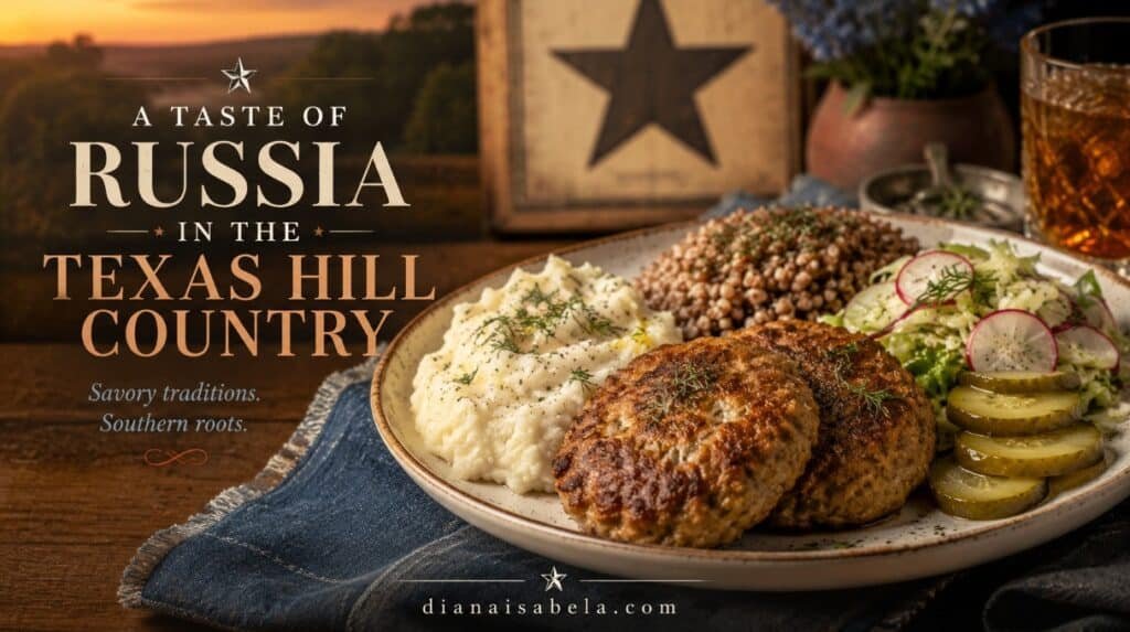 Russian kotleti in Texas with mashed potatoes, buckwheat, pickles and fresh salad