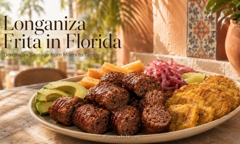 Dominican longaniza frita with tostones and yuca in a Florida Caribbean food setting