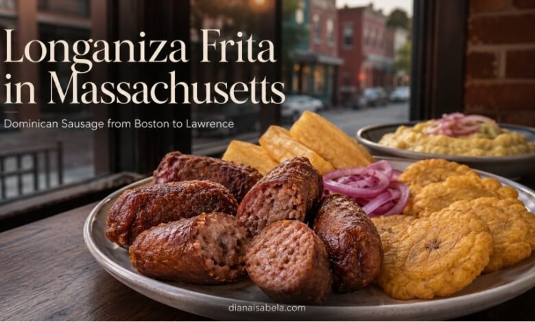 Dominican longaniza frita with tostones and yuca inspired by the Dominican food scene in Massachusetts