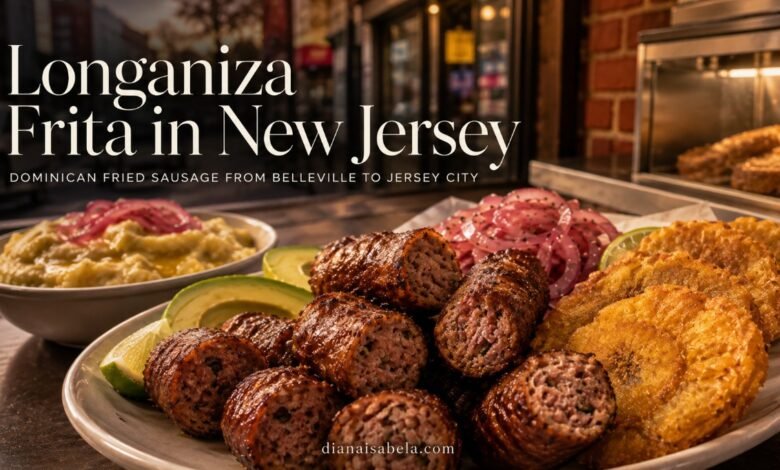 Dominican longaniza frita with tostones and mangú in a New Jersey Dominican food setting