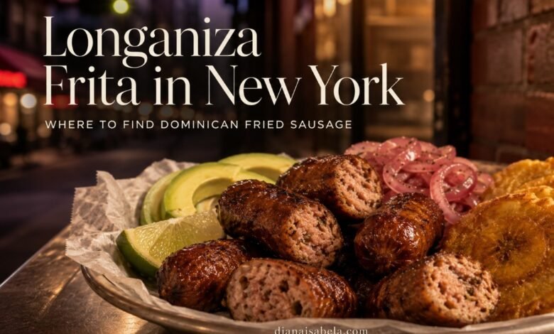 Dominican longaniza frita with tostones in a New York Dominican food setting