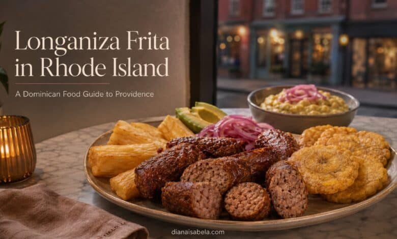 Dominican longaniza frita with tostones and yuca inspired by Providence Rhode Island food culture