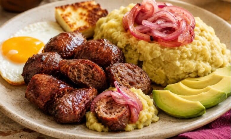 Dominican longaniza frita with mangú red onions avocado and breakfast sides