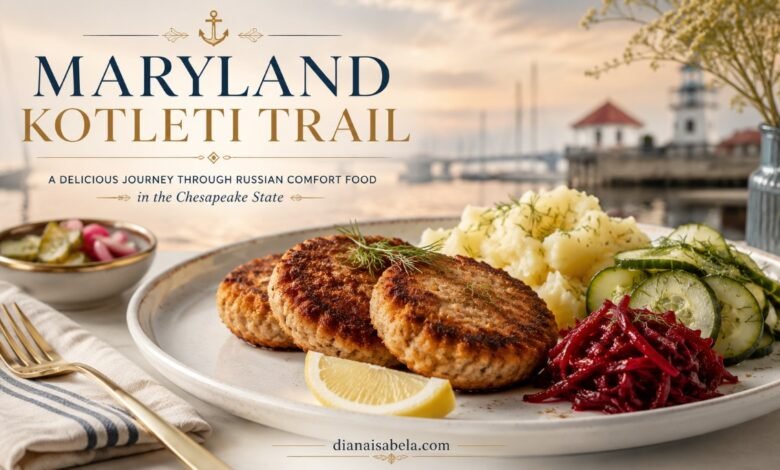 Russian kotleti in Maryland with mashed potatoes, cucumber salad, beet salad and pickles by the Chesapeake