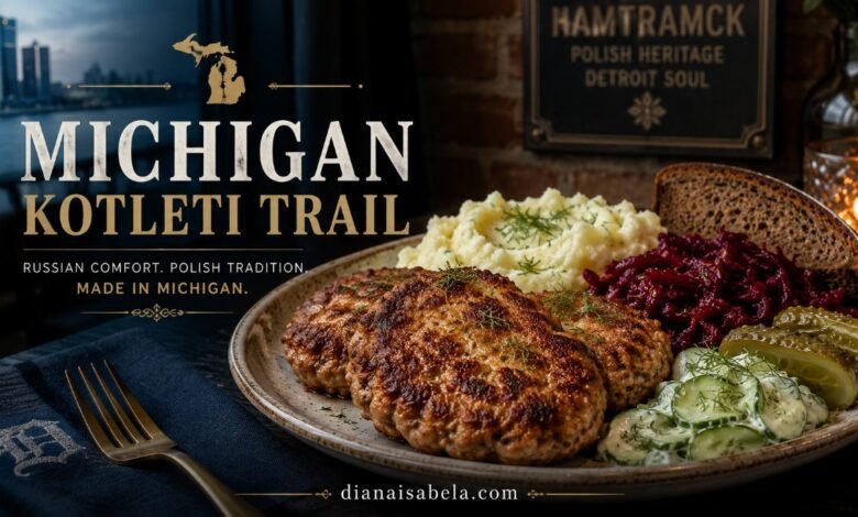 Russian-style kotleti in Michigan with mashed potatoes, beet salad, cucumber salad, pickles and rye bread