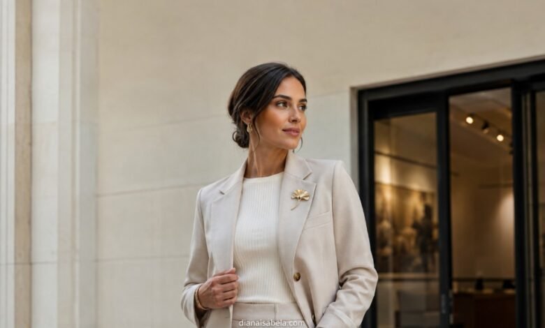 Stylish woman wearing a modern gold brooch with an elegant neutral blazer