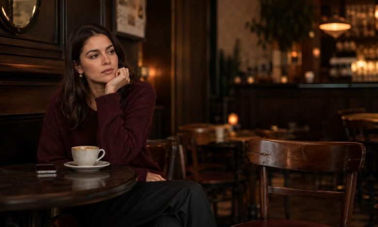 Woman sitting alone in a café reflecting on unequal effort in dating