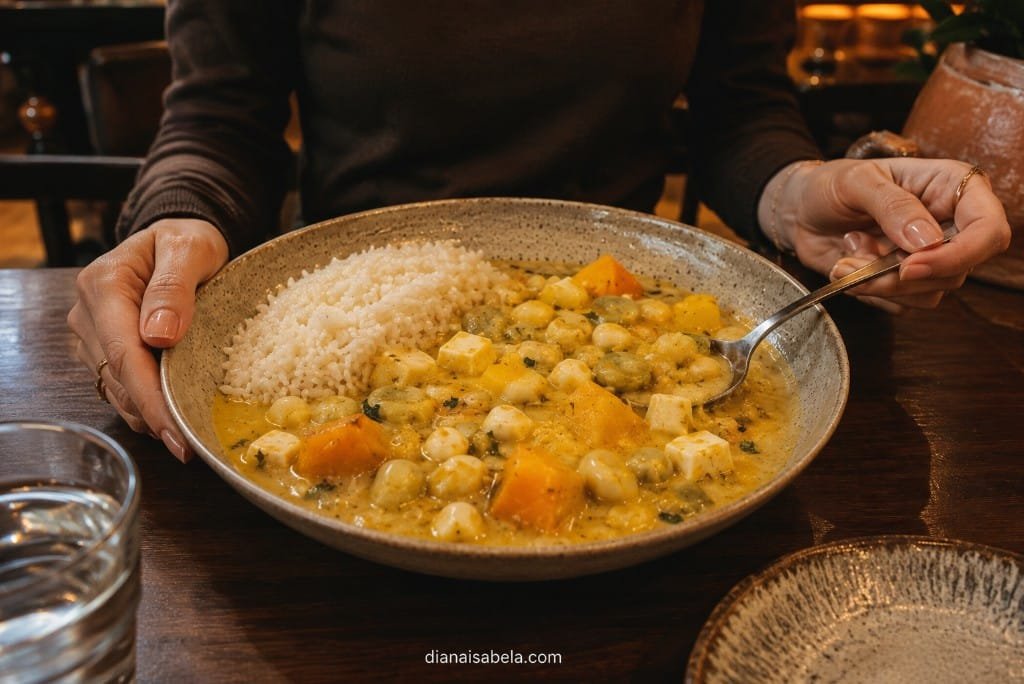 Locro de zapallo served at a Peruvian restaurant with rice and traditional ingredients