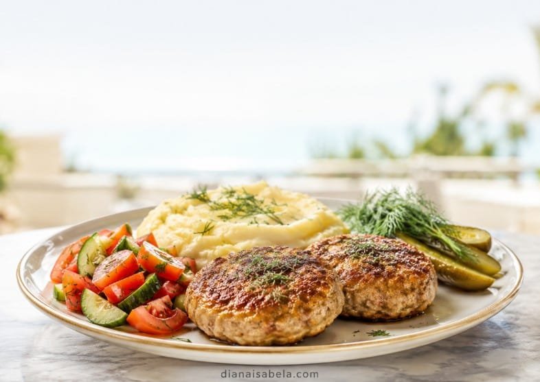 Russian kotleti in Florida with mashed potatoes, fresh salad and pickles