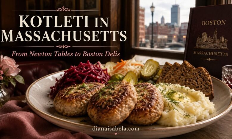 Russian kotleti in Massachusetts with mashed potatoes, beet salad, pickles and rye bread in a Boston-inspired setting