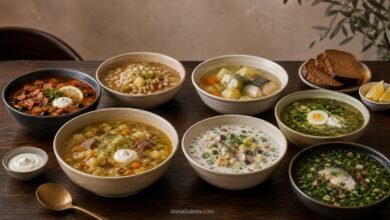 Seven traditional Russian soups including shchi, solyanka, rassolnik, ukha, okroshka, green shchi and botvinya