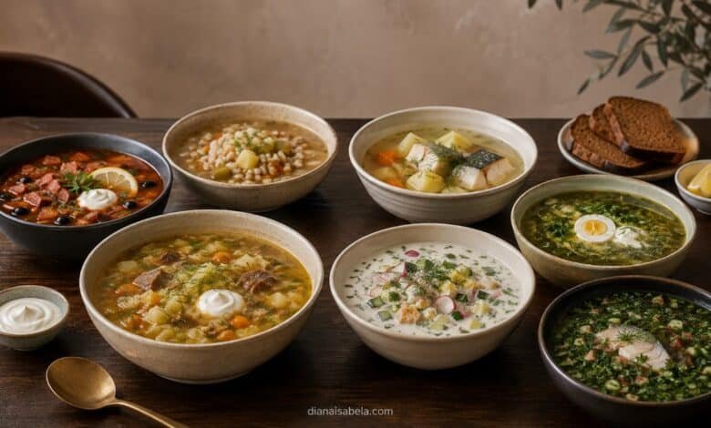 Seven traditional Russian soups including shchi, solyanka, rassolnik, ukha, okroshka, green shchi and botvinya